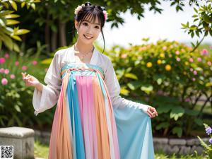 A young girl wearing a colorful dress standing in a garden.