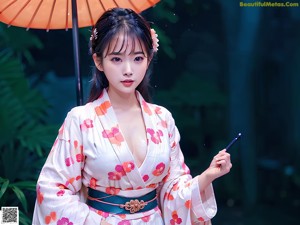 A woman in a blue kimono posing for the camera.