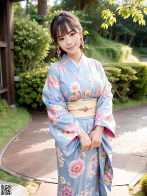 A woman in a blue kimono standing in front of a door.