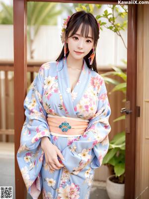 A woman in a blue kimono sitting on a bed.