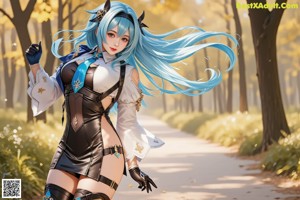 A woman with long blue hair standing in a living room.