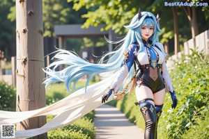 A woman with long blue hair standing in a living room.