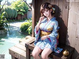 A woman in a blue kimono sitting on a wooden bench.