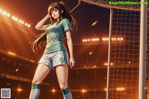 A woman in a green shirt and shorts posing for a picture.