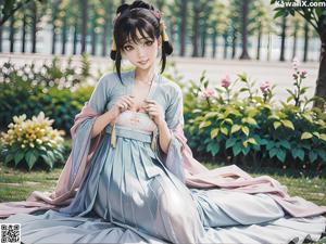 A woman in a pink and white dress standing in a garden.