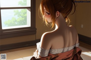 A nude woman sitting on a bed next to a window.