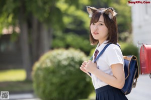 A woman in a white shirt and a red bow tie.