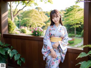 A woman in a blue kimono posing for a picture.