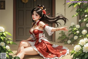 A woman in a red and white dress with long black hair.