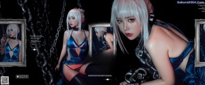 A woman in a blue lingerie sitting on a swing.