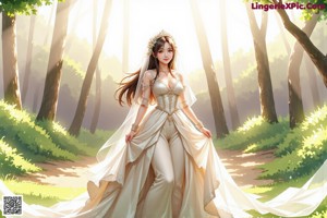 A woman in a wedding dress standing in the woods.