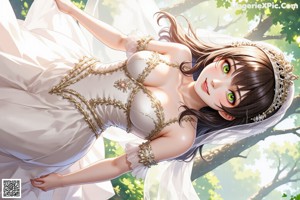 A woman in a wedding dress standing in the woods.