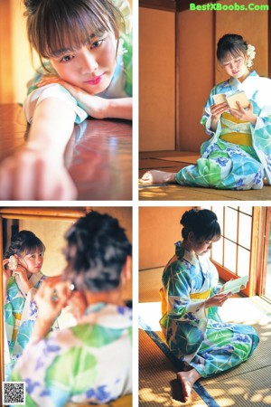 A woman in a kimono standing in front of a bush.