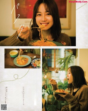 A magazine spread with a picture of a woman in a kitchen.