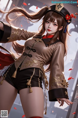 A woman in a brown and red outfit holding a sword.