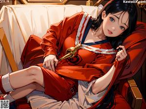 A woman in a white jacket and red skirt sitting on a desk.