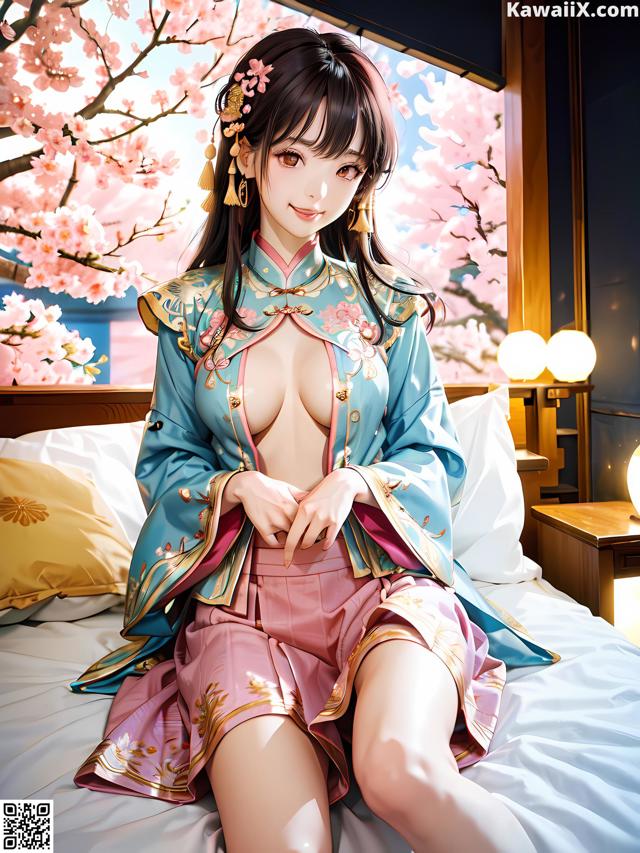 A woman in a kimono sitting on a bed.