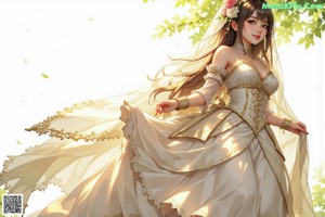 A woman in a wedding dress walking through a forest.