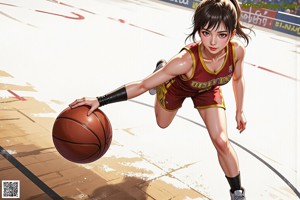 A woman in a red uniform is playing basketball in a stadium.