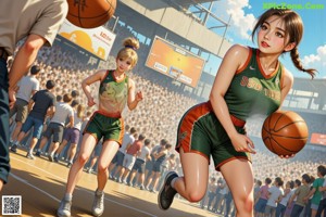 A woman in a red and white uniform holding a basketball.