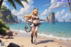 A woman in a bikini with a cat ears on her head.