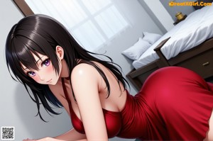 A naked anime girl with big tits is standing in front of a mirror.