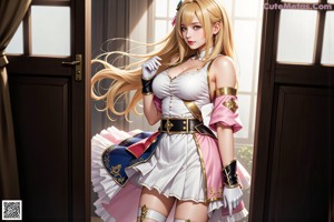 A woman in a red and white outfit holding a sword.