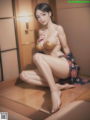 A woman in a red dress sitting on a bed.