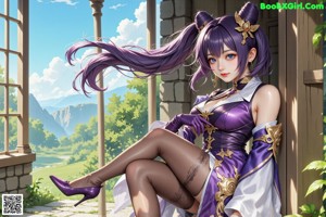 A woman in a purple dress leaning against a tree.