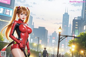 A woman in a red bodysuit is standing in the middle of a city.