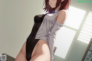 A woman with purple hair is sitting on a bed.