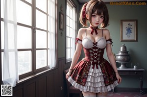 A girl in a dress and stockings standing in front of a window.
