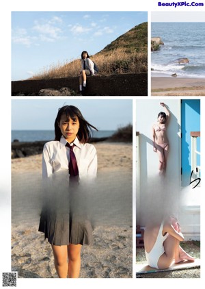 A collage of photos of a woman in a school uniform.