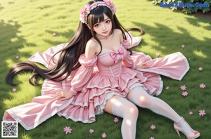 a woman in a pink dress and stockings posing for a picture