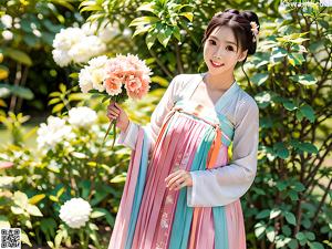 A woman in a pink and blue hanbok standing in a garden.