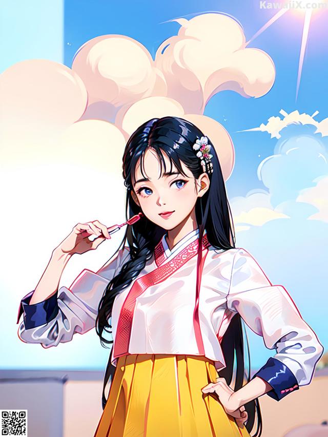 A woman in a white shirt and yellow skirt holding a cigarette.