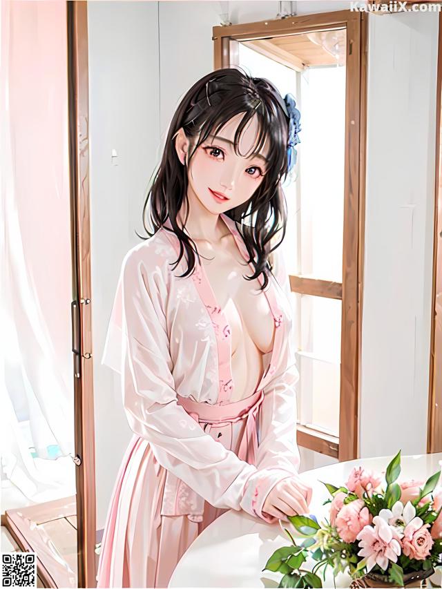 A woman in a pink robe holding a bouquet of flowers.