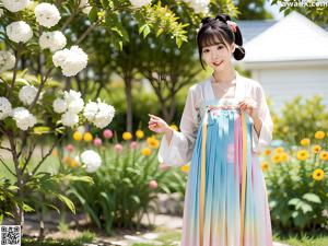 A woman in a colorful dress is posing for a picture.