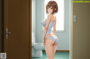 A woman in a white bikini posing in front of a window.
